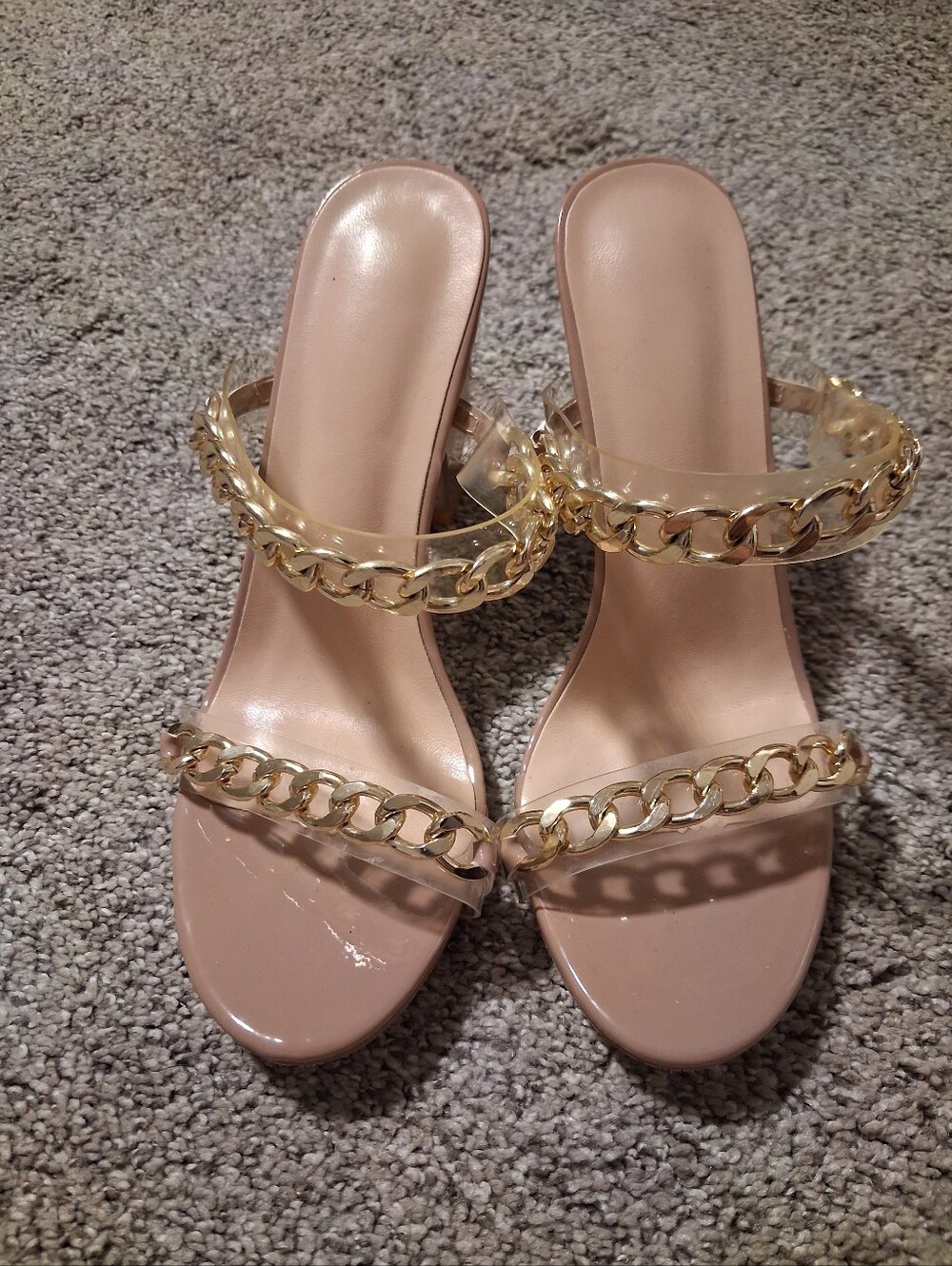 Clear Strap Nude Sandals with Gold Chain Accent